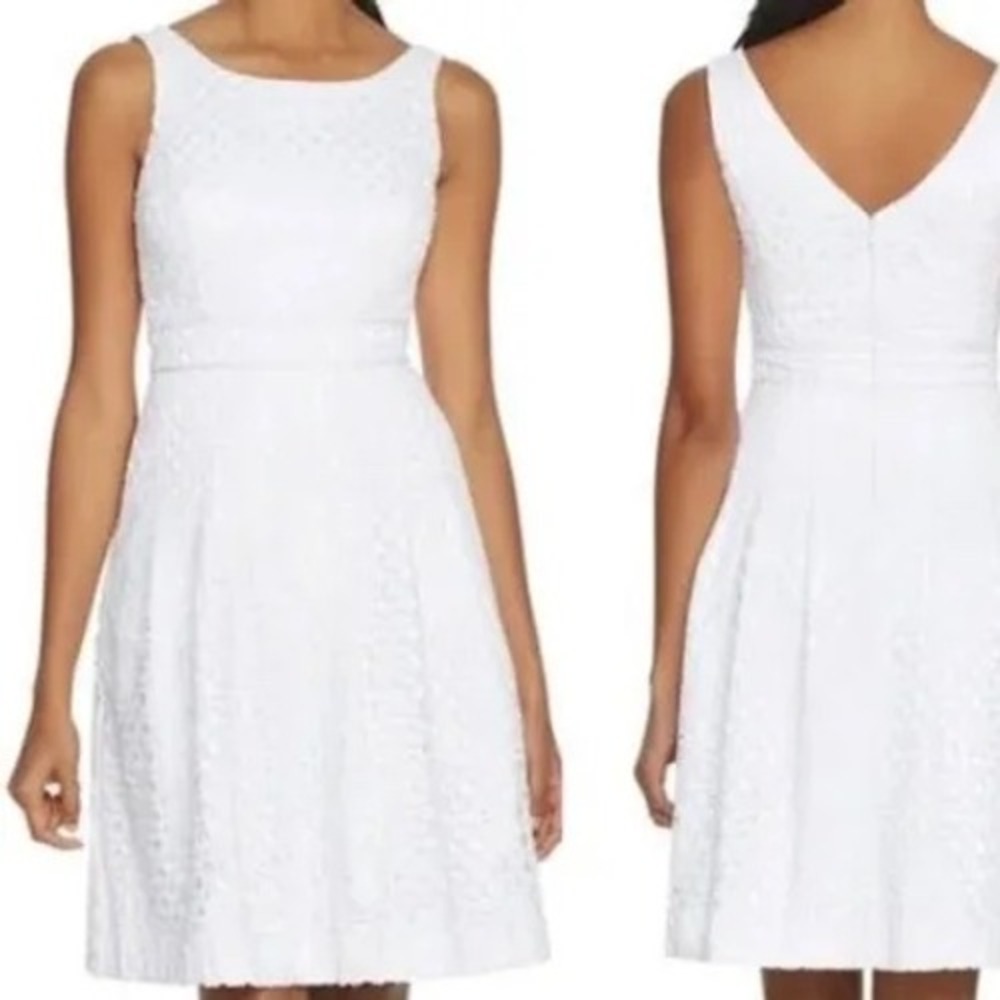 White House Black Market White Eyelet Fit & Flare Dress with Pockets Sz 00